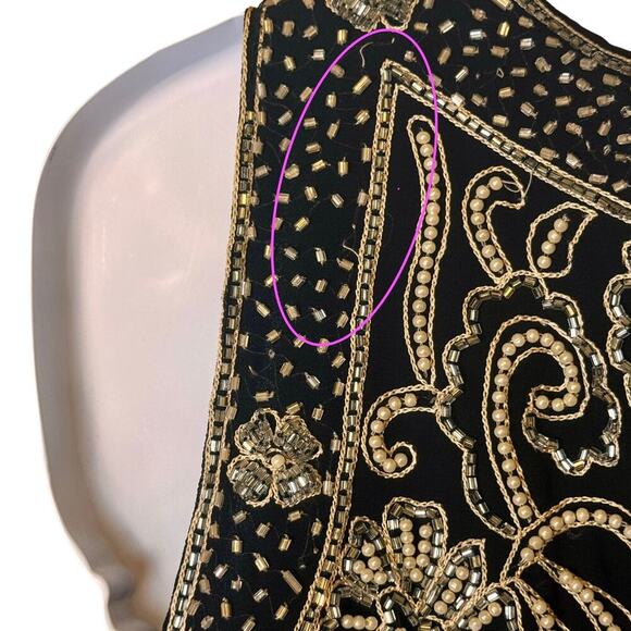 JKARA Gold Embellished Bodice A-Line Beaded Chiffon Long Dress Black Women's 8 - Picture 14 of 16